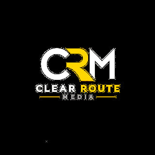 Clear Route Media logo with white CRM letters and yellow R, and text below on black background